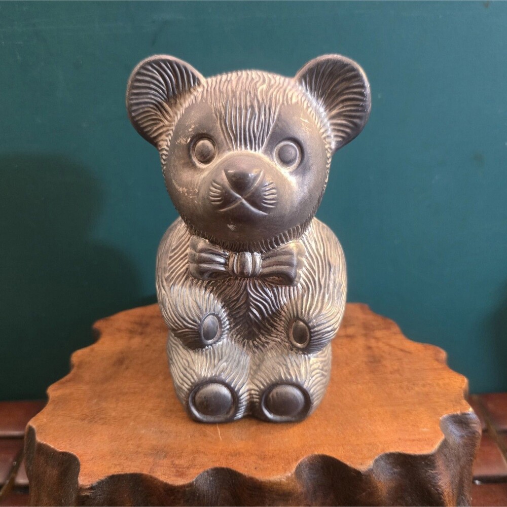 Teddy Bear Vintage Coin Bank Silverplate Seated w/Bowtie 4.75"x3"x2.5"